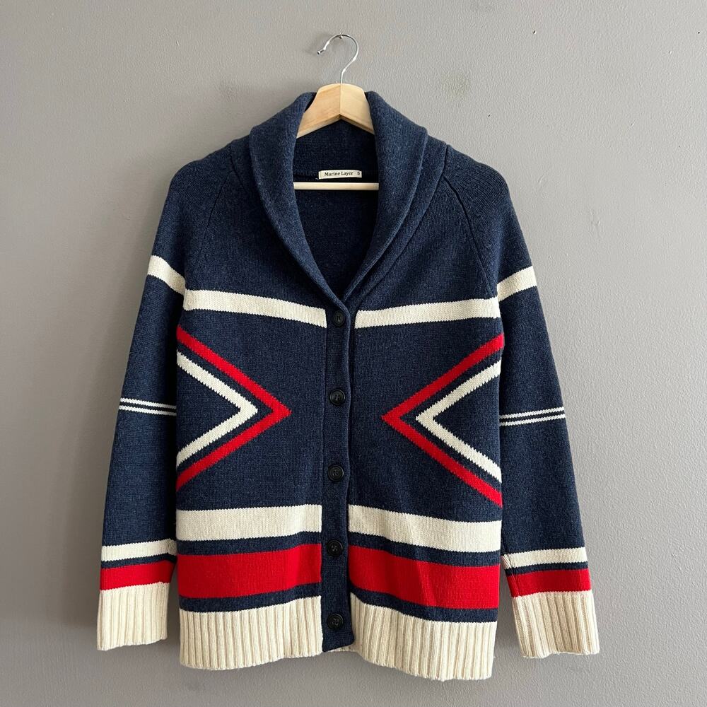 Marine Layer Varsity Shawl Collar Cardigan Mens Small Navy Red Wool Blend